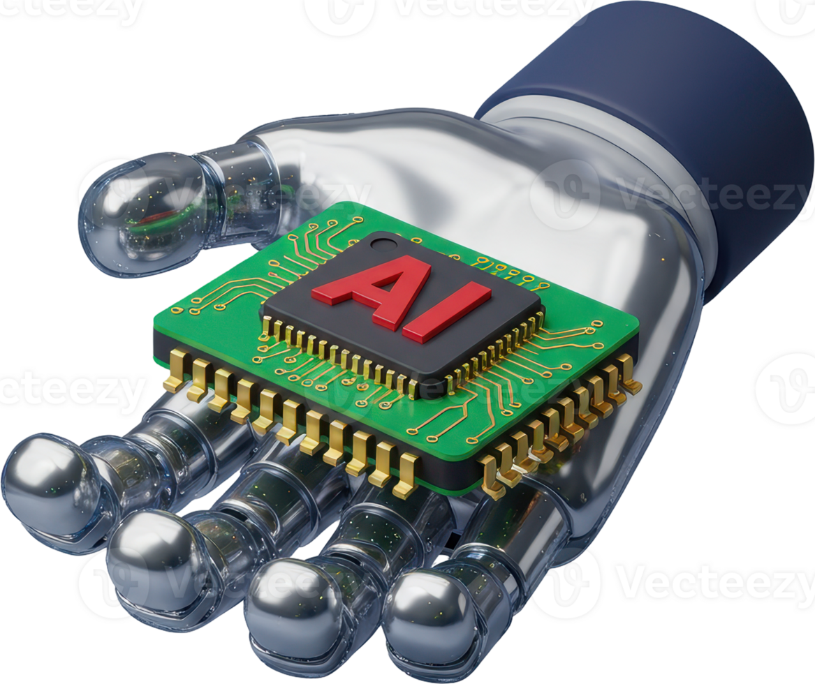 Metallic robot hand holding AI chip, representing artificial intelligence technology png