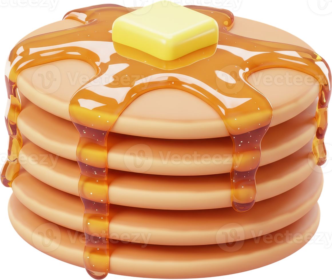 Delicious stack of golden pancakes with dripping honey and melting butter png