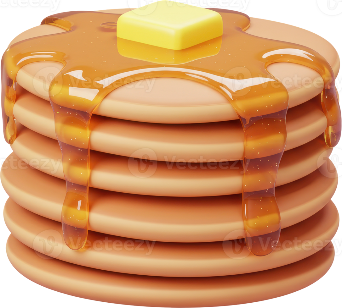 Delicious stack of golden pancakes with melting butter and sweet maple syrup png