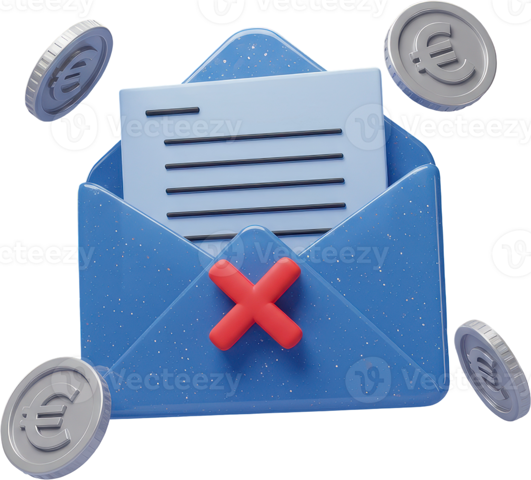 Digital communication error, blue envelope with red x mark and floating euro coins png