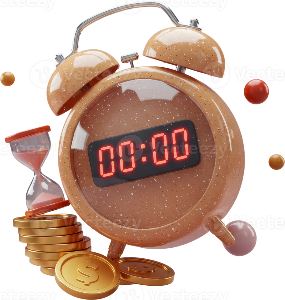 Digital alarm clock with countdown timer, gold coins, and hourglass png