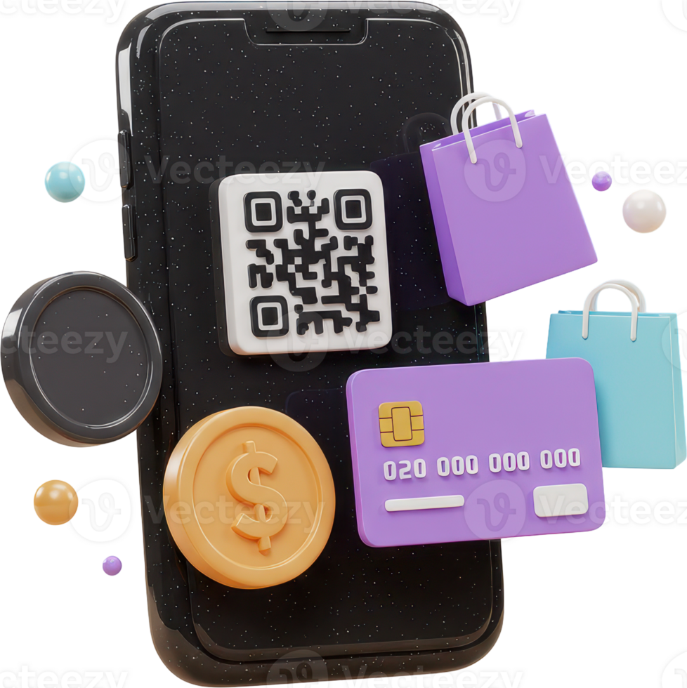 Smartphone with QR code, credit card, and shopping bags for digital payment png