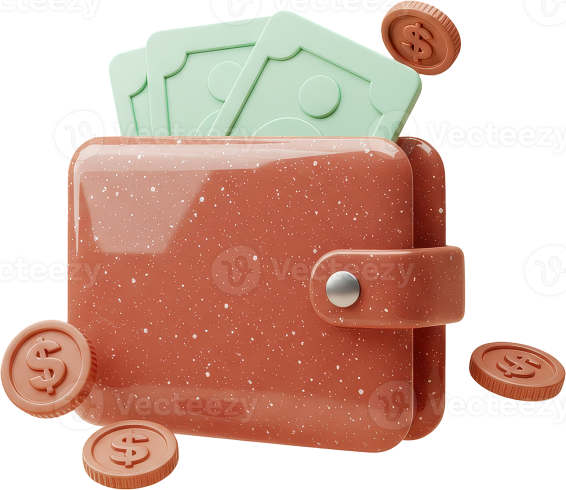 Digital wallet full of cash and coins, symbolizing financial success and wealth png