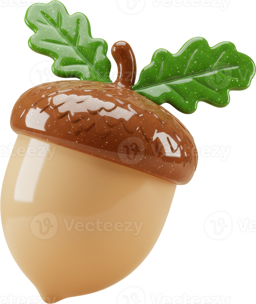 Shiny 3D acorn with textured brown cap and vibrant green oak leaves png