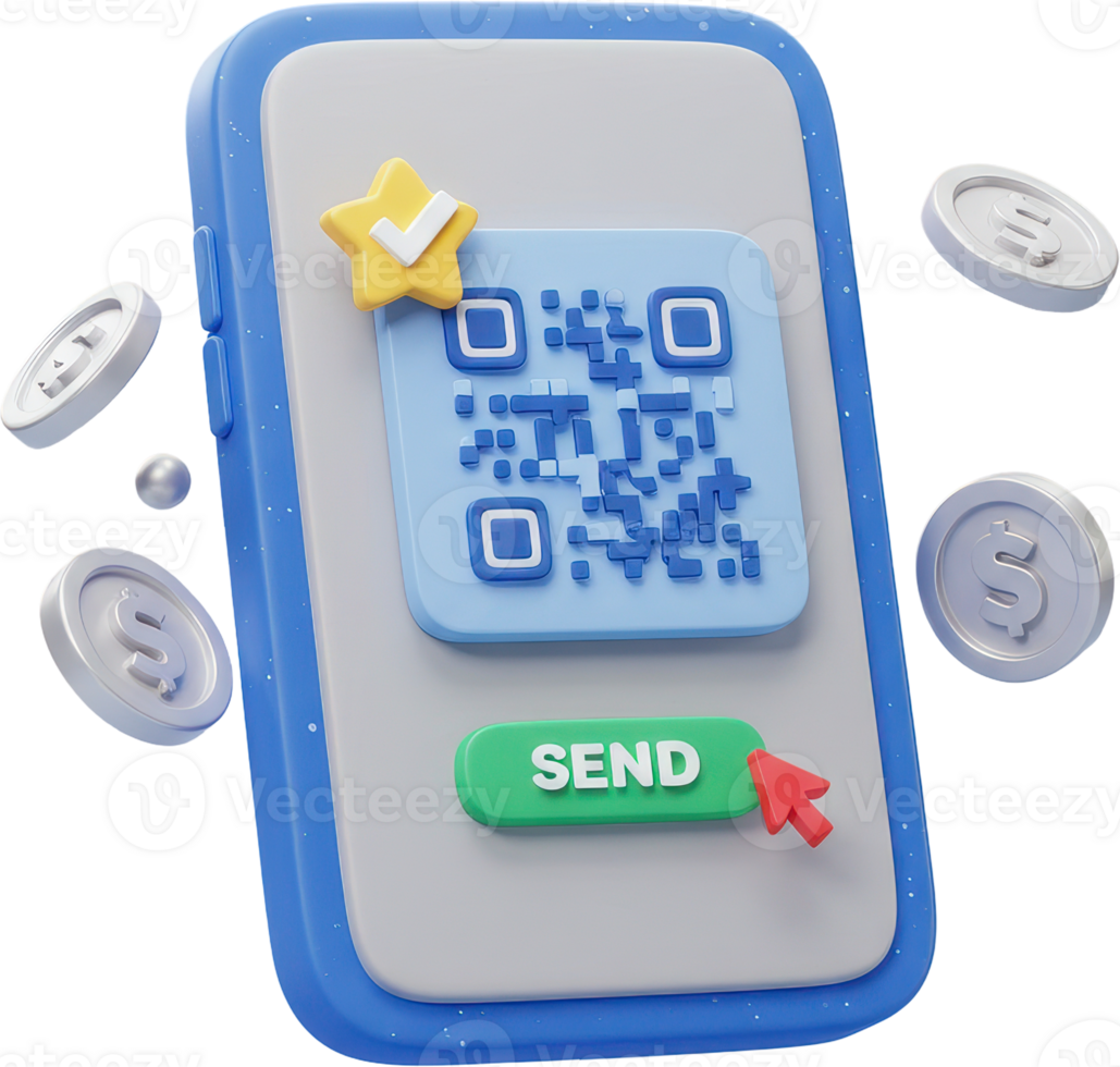 Mobile phone with QR code and send button for digital transactions and online payments png