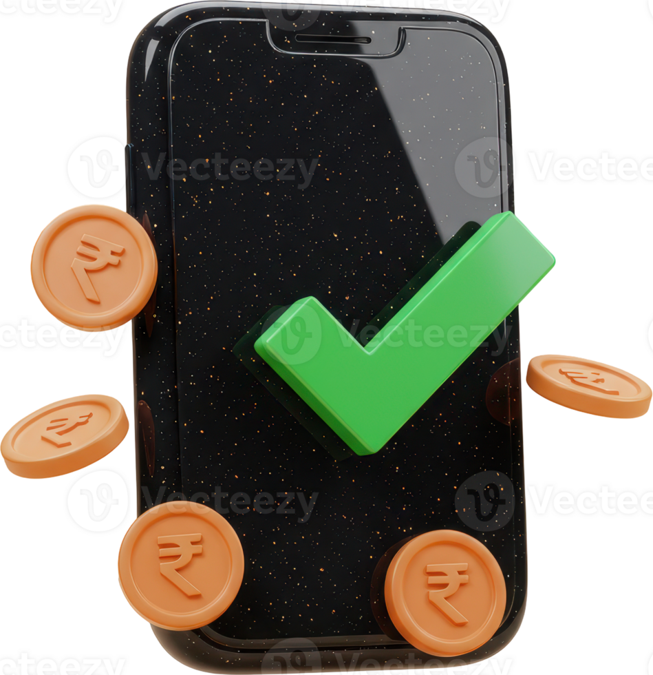 Secure mobile transaction confirmed with green check and rupee coins png