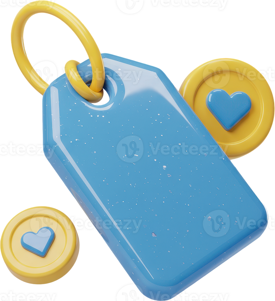 Vibrant blue price tag with yellow loop and heart shaped loyalty coins for shopping and discounts png