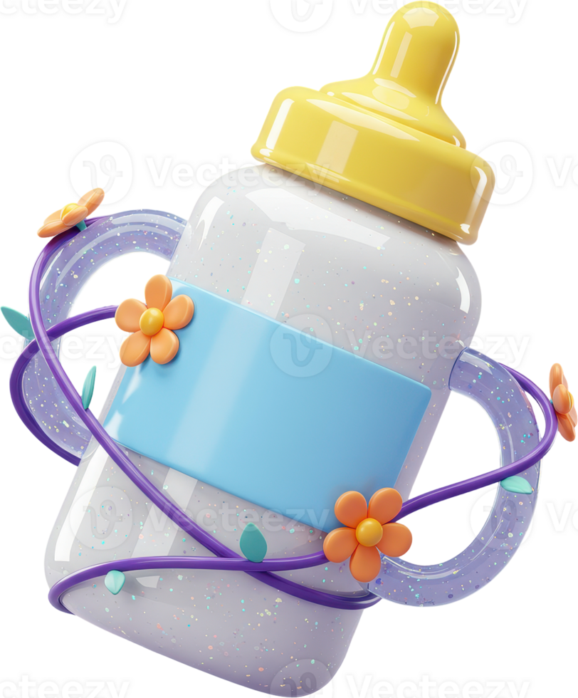 Whimsical baby bottle with glitter and floral accents for newborn essentials png