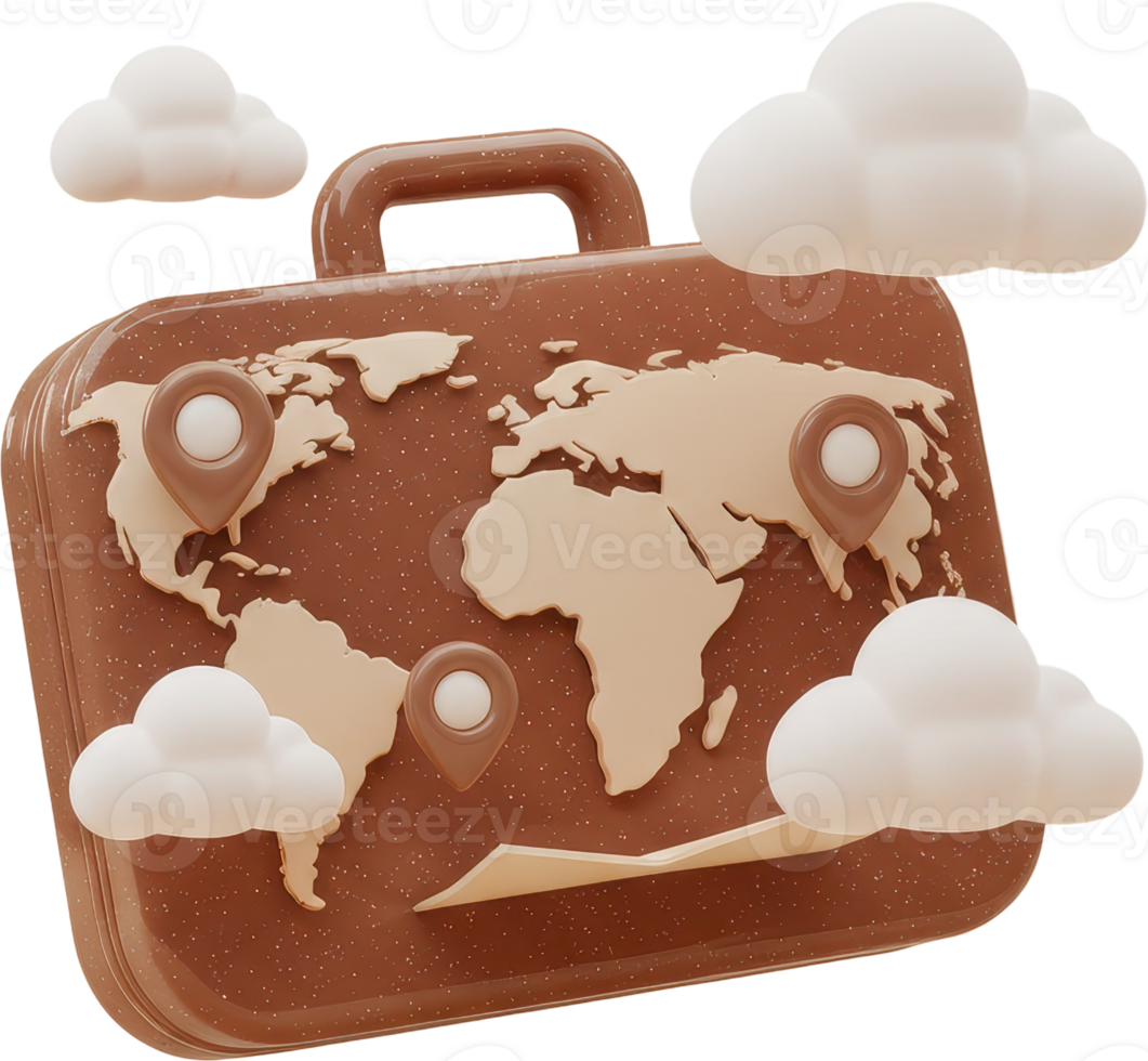 Brown travel suitcase with world map and location pins, ready for global journey png