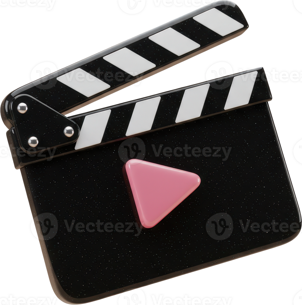 Black clapperboard with pink play button for film production and content png