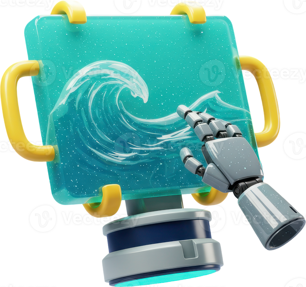 Robotic hand interacting with digital art station displaying dynamic ocean wave png