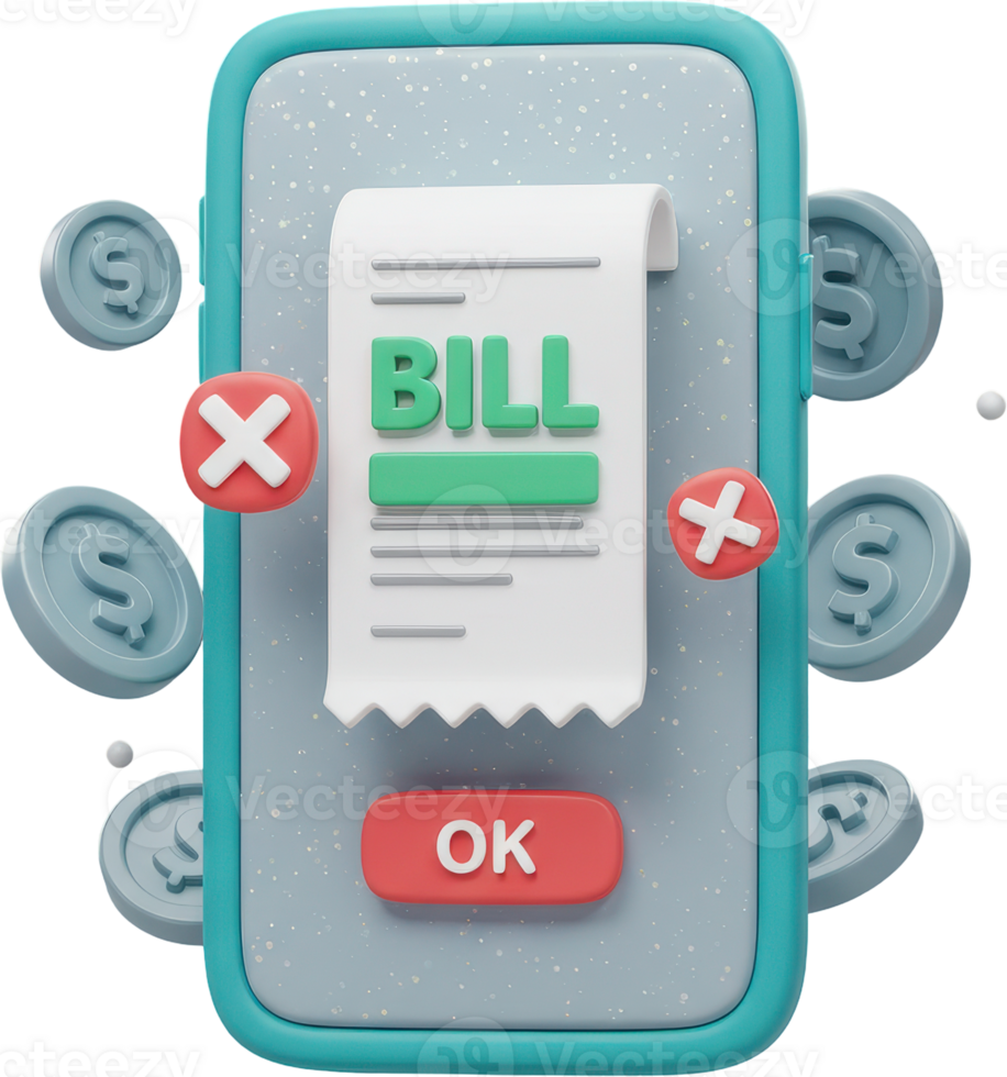 3D smartphone displaying a digital bill, online payment, and financial transaction concept png