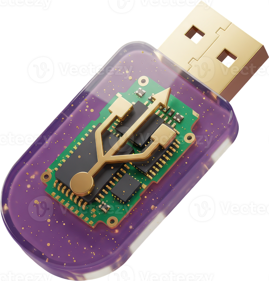 Modern 3D USB flash drive icon with purple translucent casing and gold details png