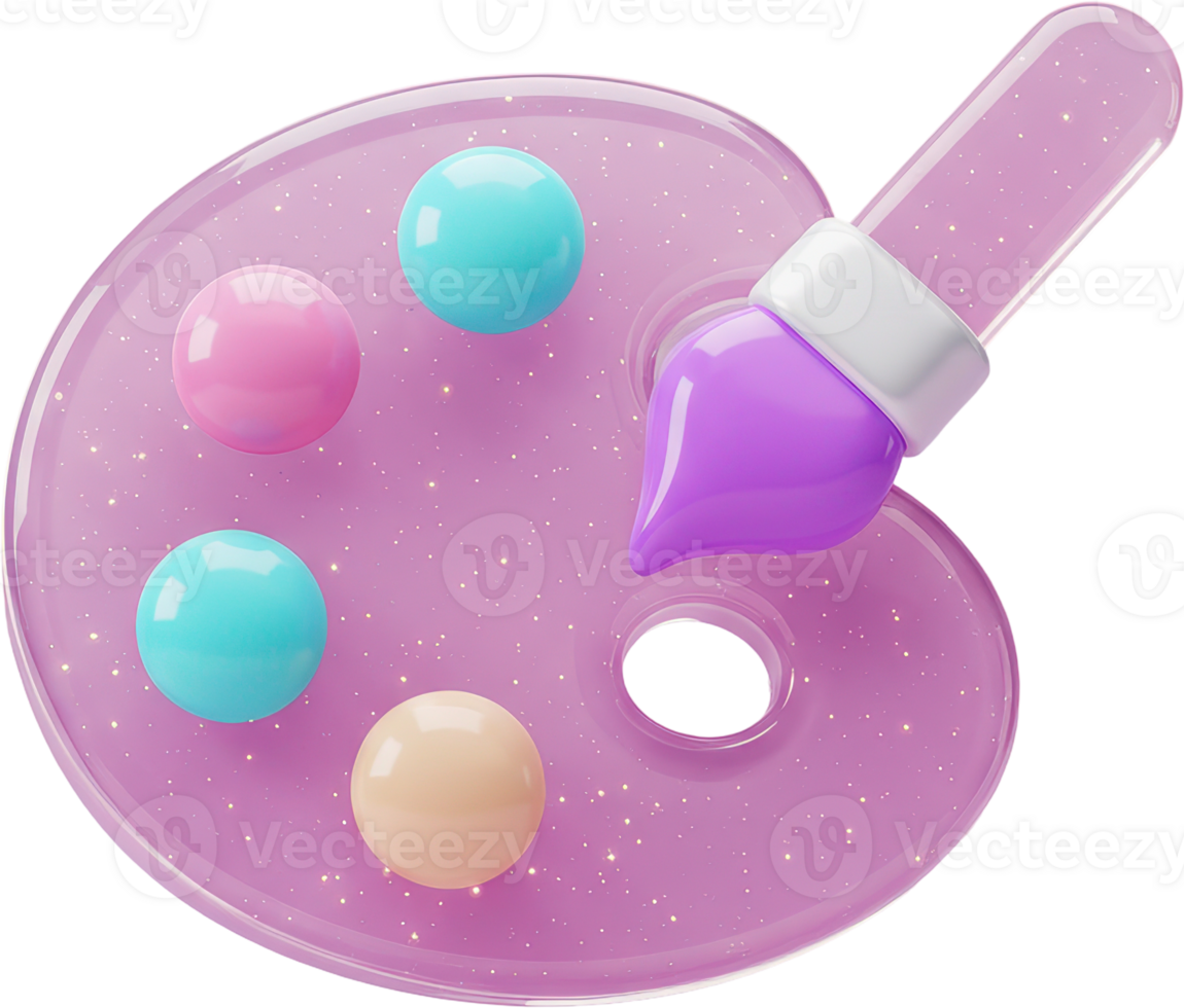 Vibrant 3D digital art palette with paintbrush and pastel colors icon png