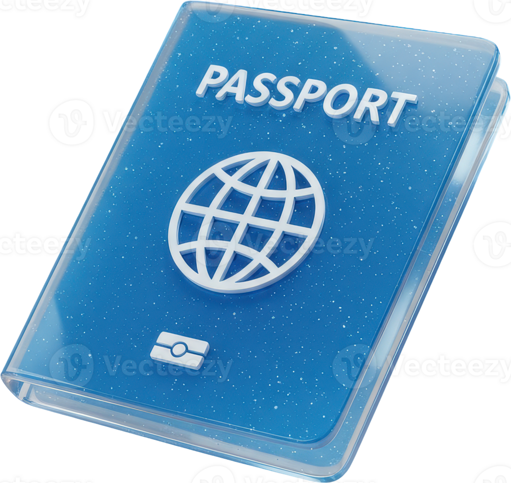 Blue passport with globe symbol and chip icon for international travel and identity png