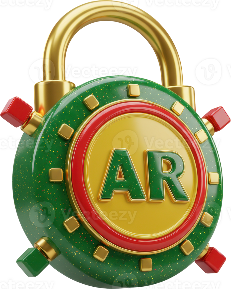 3D padlock with AR letters and golden shackle for digital security concepts png