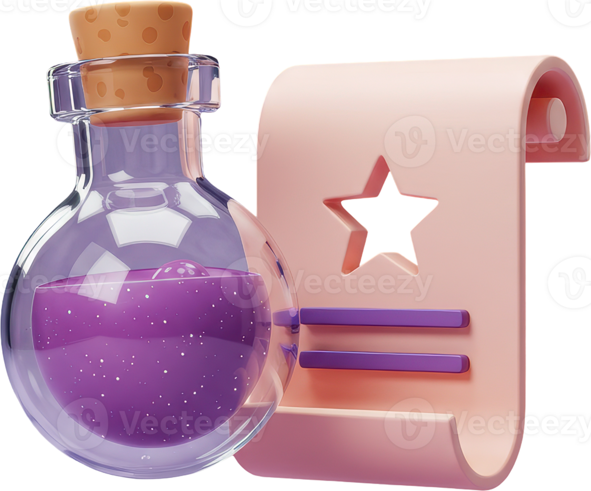 Mystical potion bottle with purple elixir and magic scroll with star symbol 3D art png