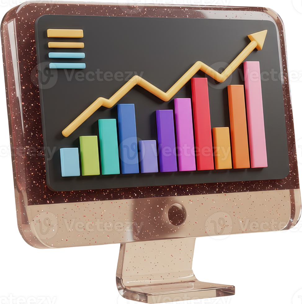 Computer monitor displaying colorful financial charts and an upward trending growth graph png