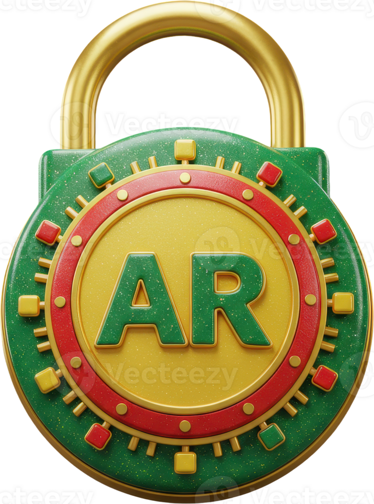 Glossy 3D padlock featuring AR letters and vibrant gold green red colors png