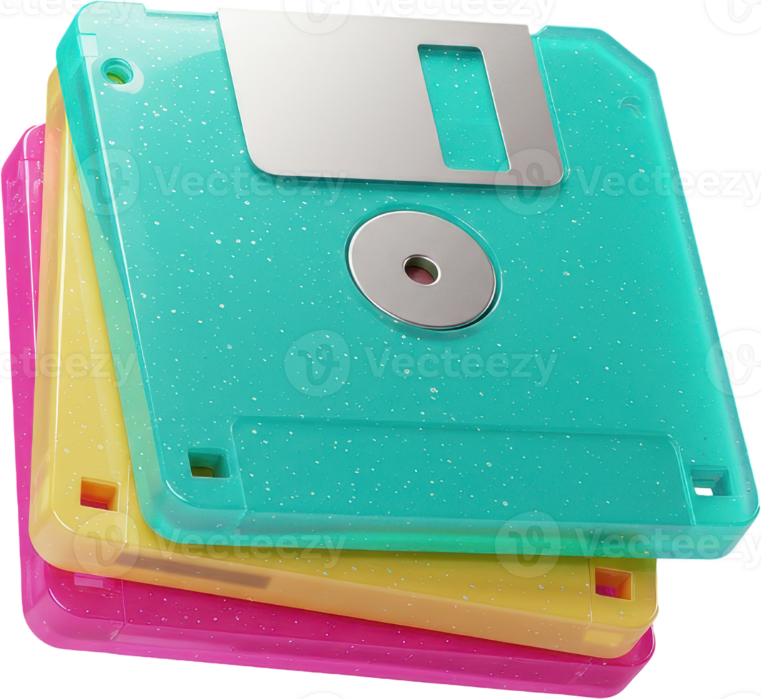 Vibrant stack of three floppy diskettes representing old computer technology png