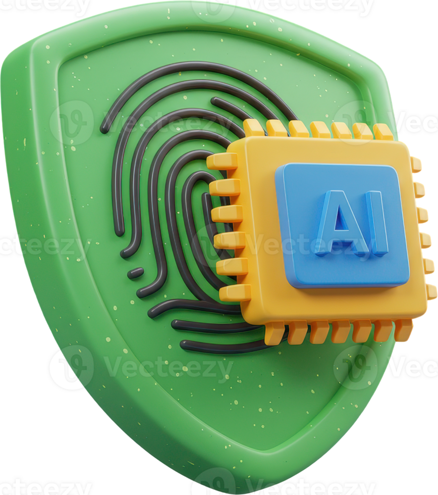 AI powered cybersecurity shield with biometric fingerprint and processor chip icon png