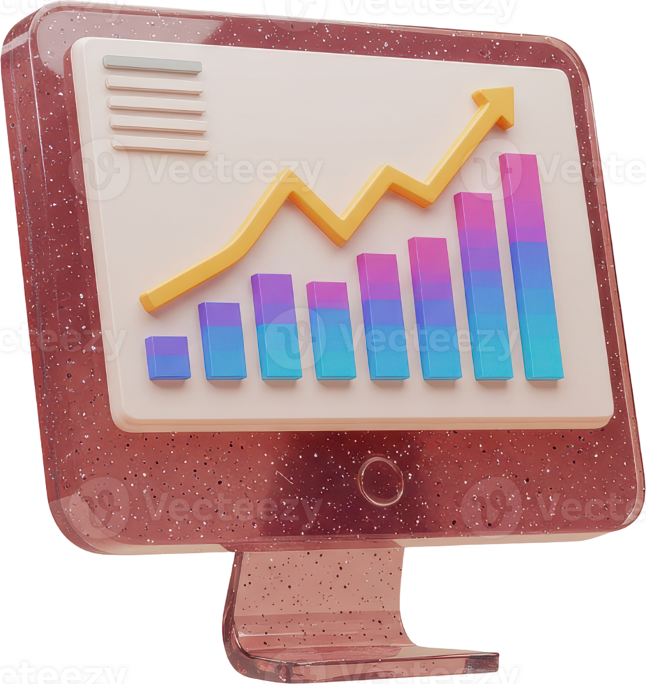 Vibrant 3D computer screen showing financial growth charts and business data analytics png