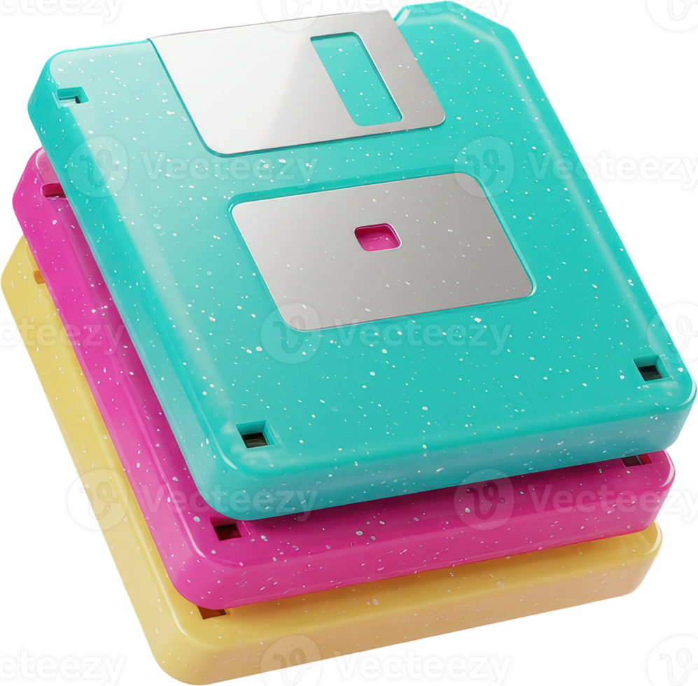 Vibrant 3D floppy disk stack, teal, magenta, yellow data storage icon png