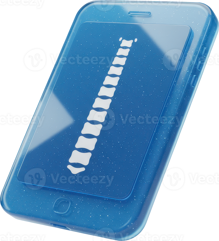 Blue smartphone displaying digital spine x ray for medical technology png