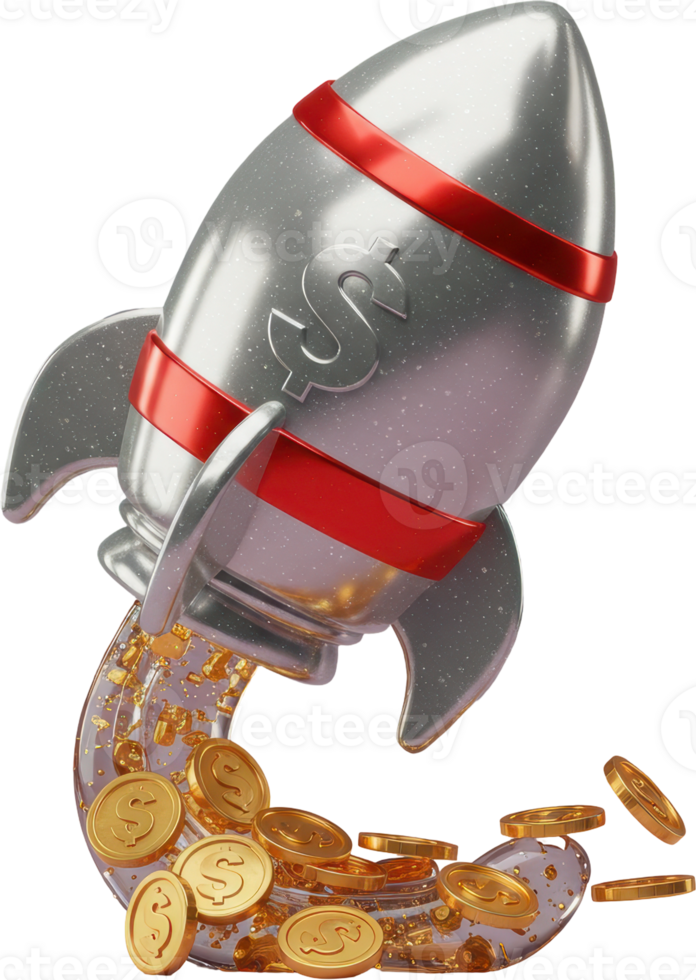 3D rocket ship piggy bank launching with gold coins and dollar signs png