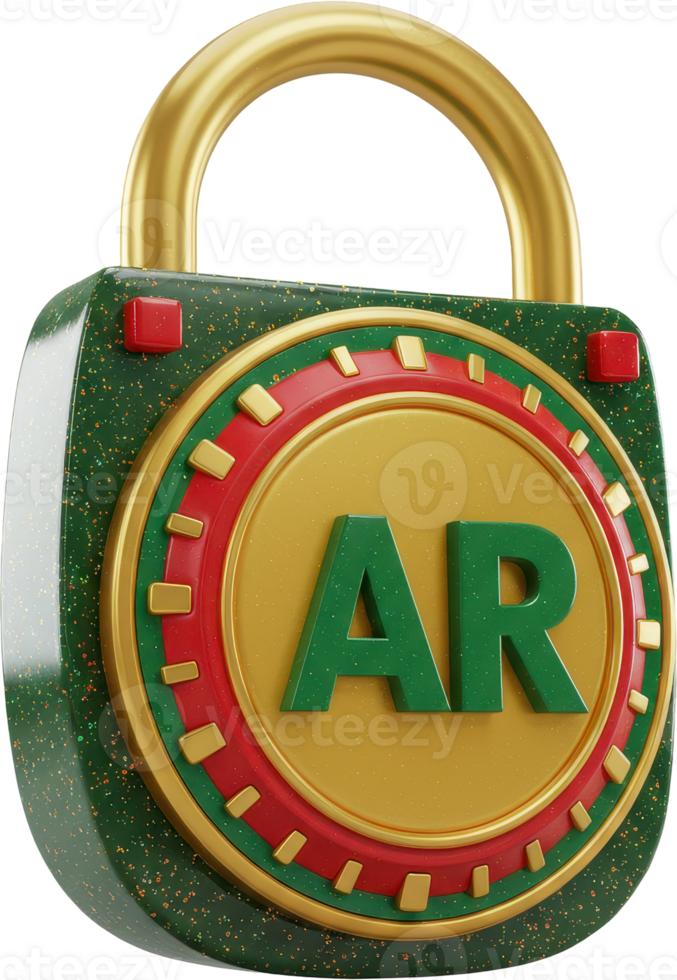 3D padlock with AR symbol on dial for augmented reality security and access png