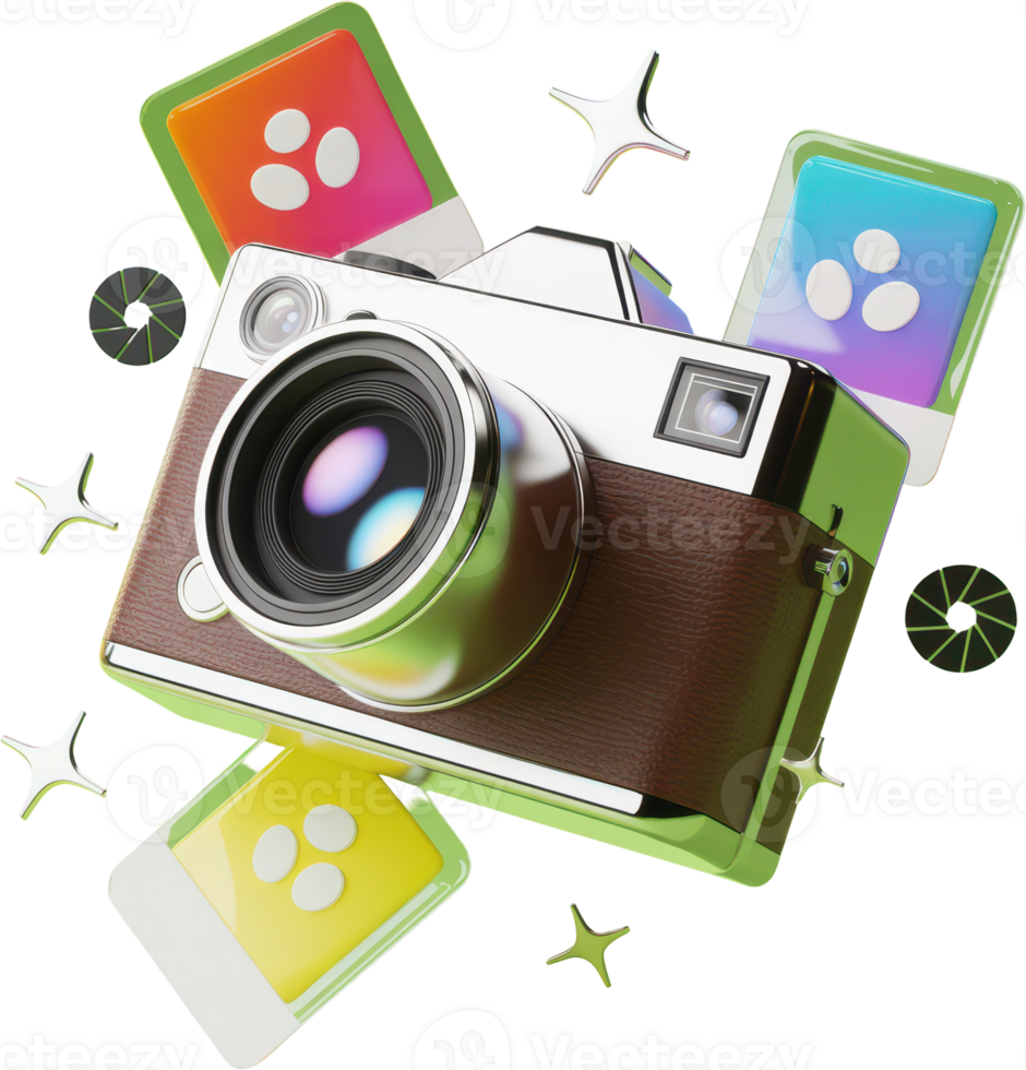 Vibrant 3D classic film camera with floating photo previews and stars png