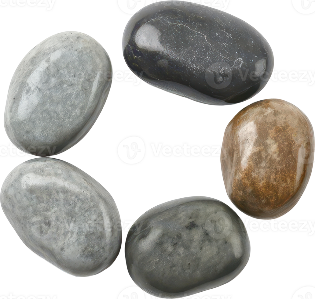 Five smooth polished natural river stones in a circular arrangement png