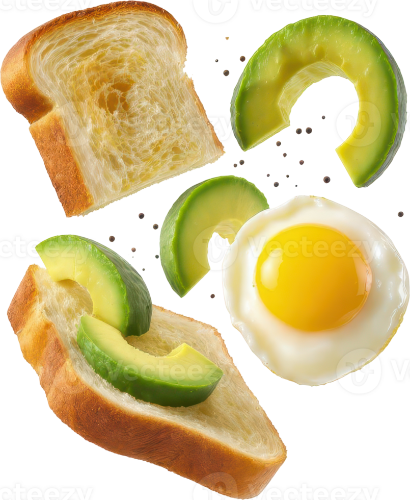 Delicious breakfast toast, fresh avocado, and sunny side up egg png
