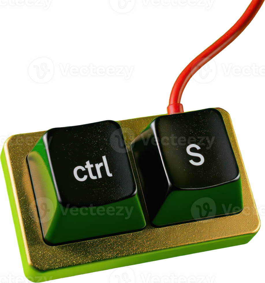 Oversized ctrl s keyboard keys with red cable on gold base png