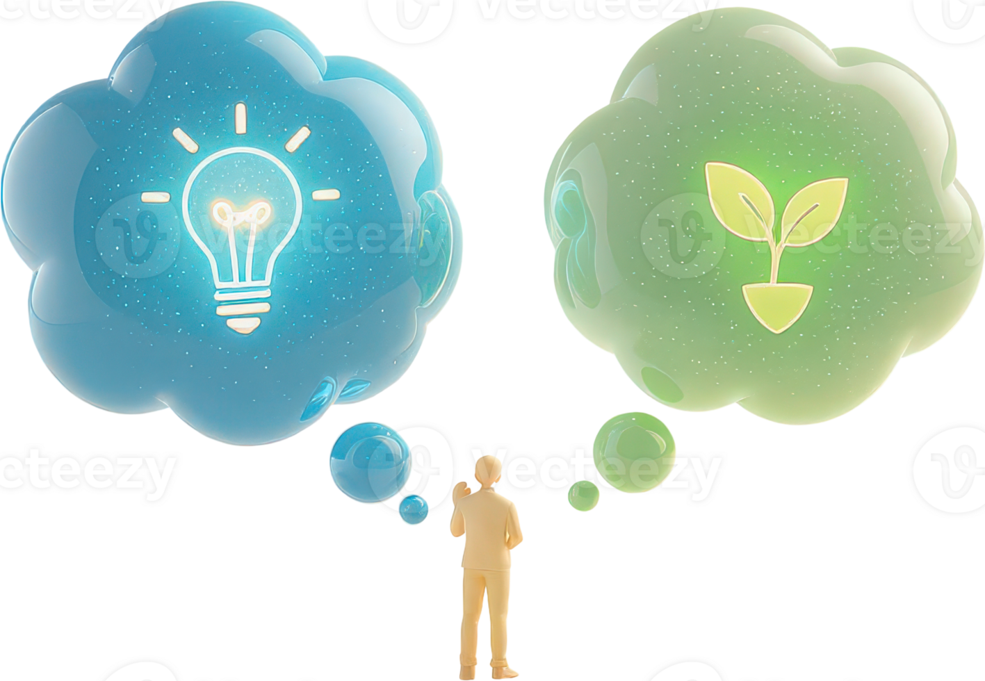 Person with thought bubbles representing ideas, innovation, and sustainable growth png