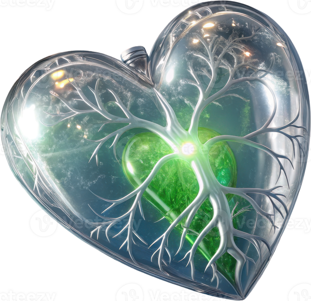 Crystalline silver heart with glowing green core and branching structure png