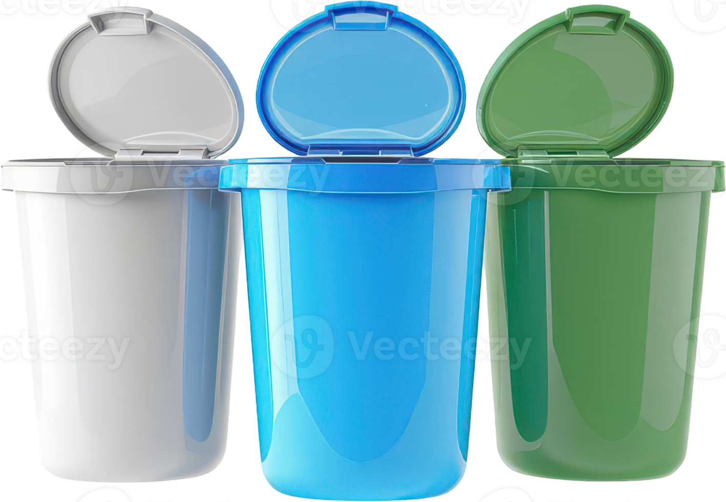 Colorful plastic recycling bins with open lids for waste separation png