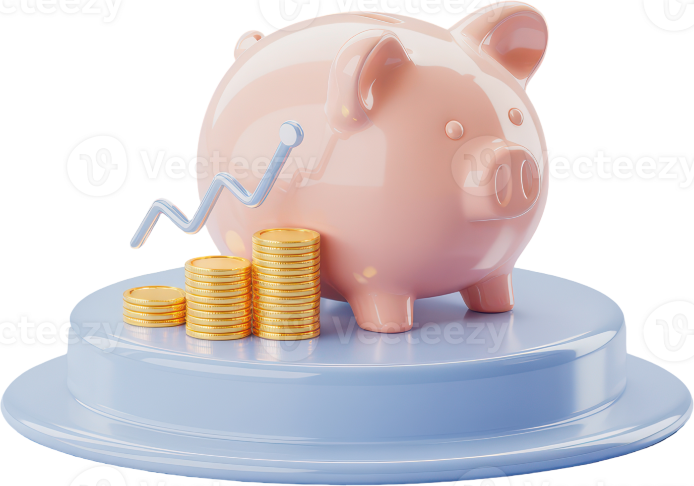 Savings and investment growth, pink piggy bank, stacks of gold coins, and rising chart png