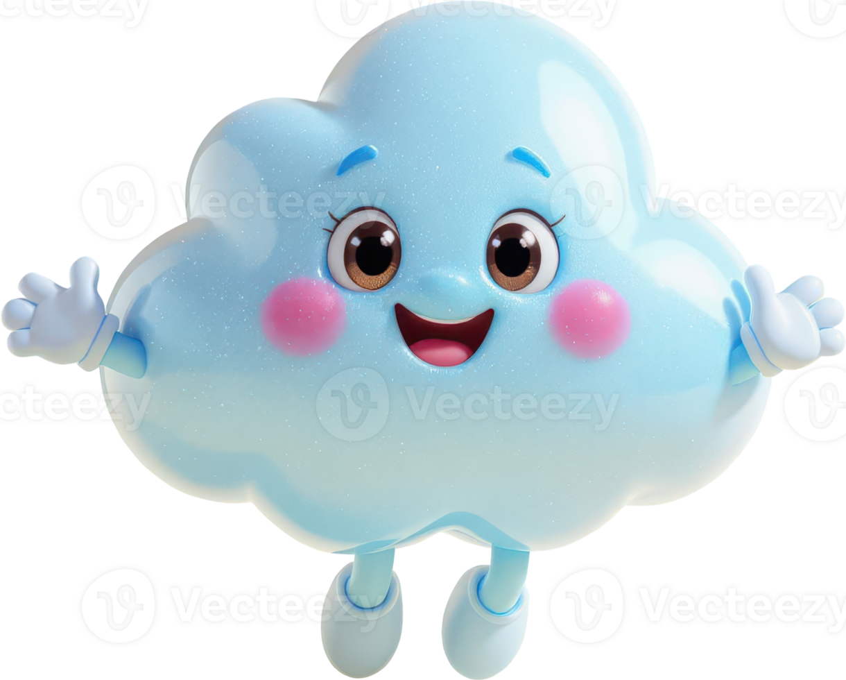 Playful light blue cloud character with a friendly smile and rosy cheeks png