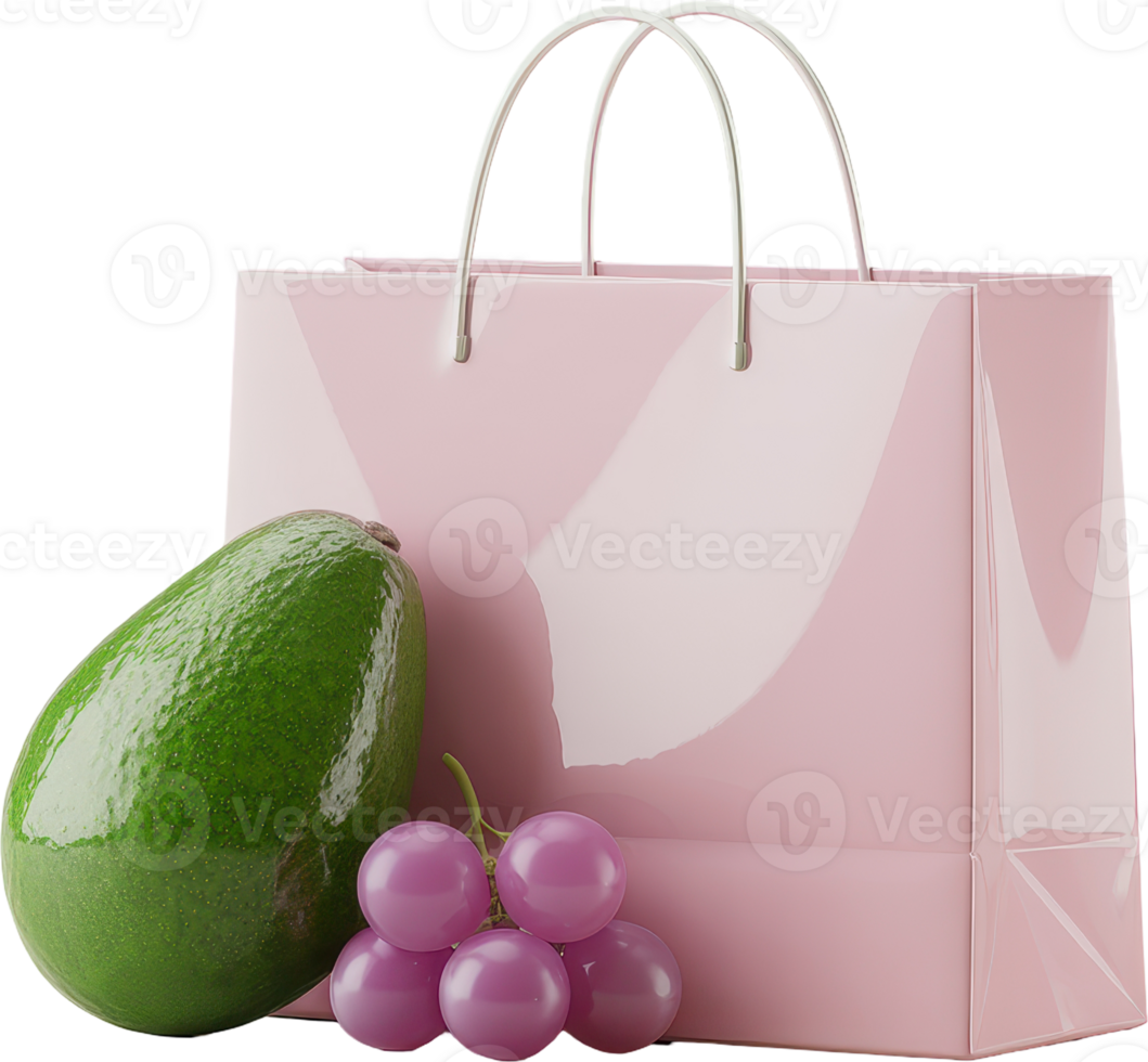 Pastel pink shopping bag with fresh avocado and grapes png
