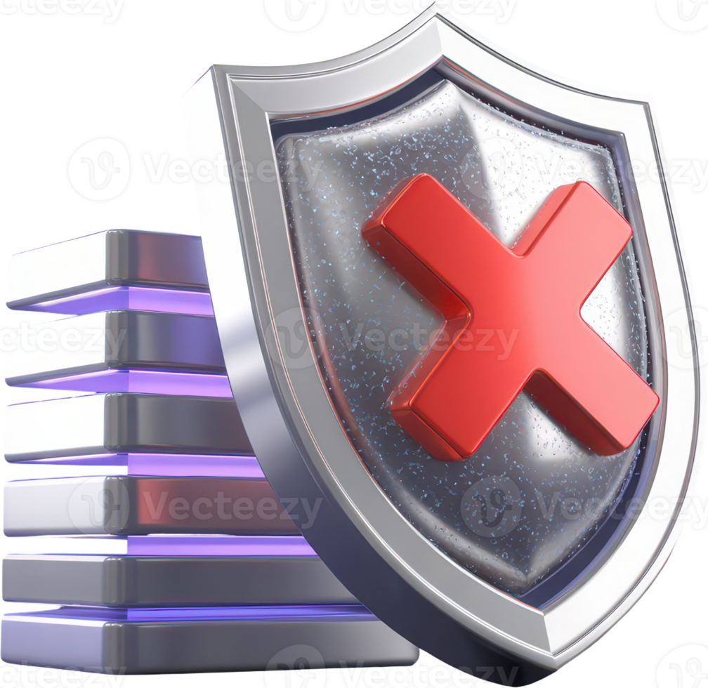 Data security error icon with red x shield and server stack png