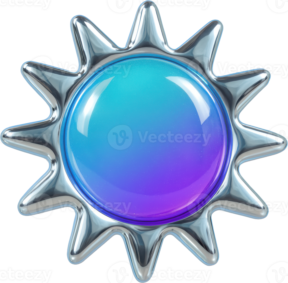 Vibrant gradient sun icon with glossy silver rays and shiny center png