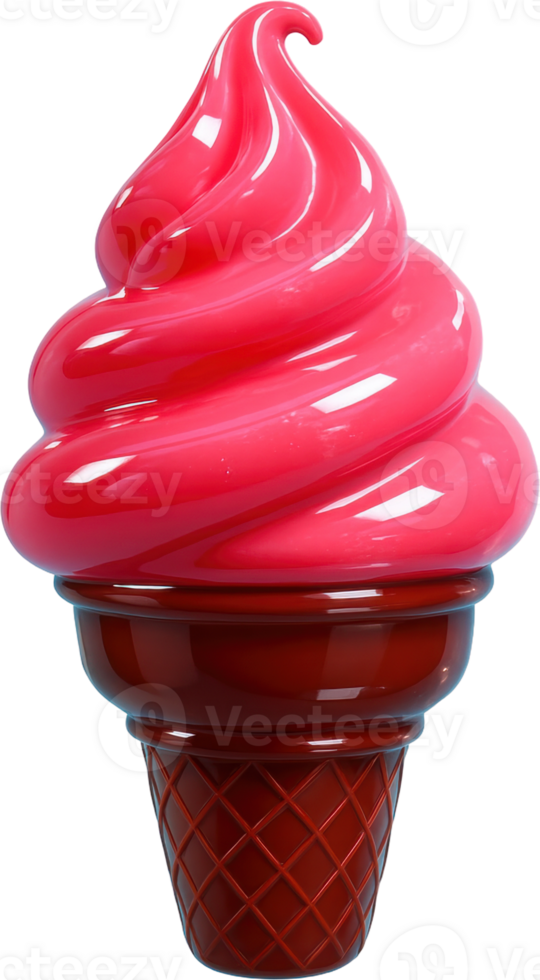 Delicious high glossy strawberry pink soft serve ice cream cone treat png