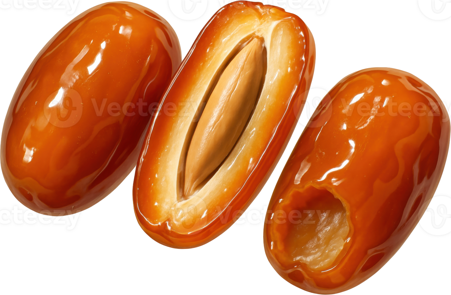 Glossy amber date fruits whole and sliced with pit png