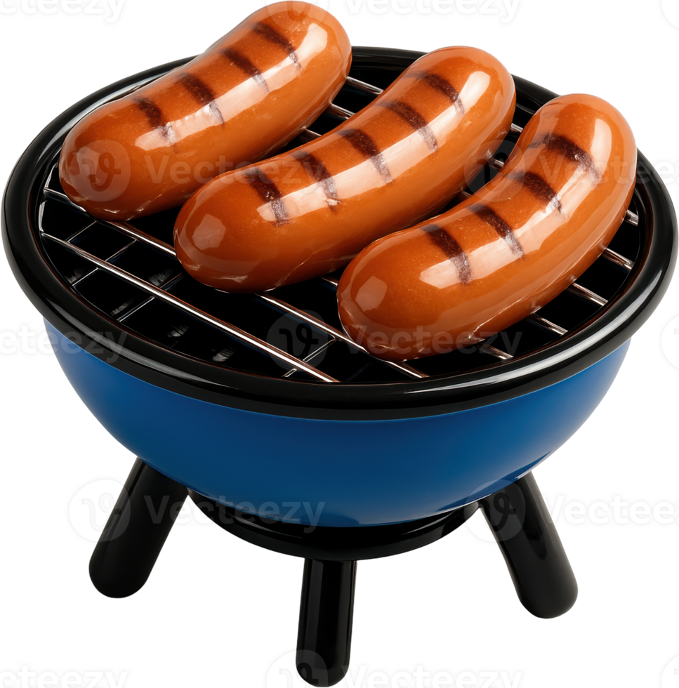 Three glossy grilled sausages on a miniature blue BBQ grill png