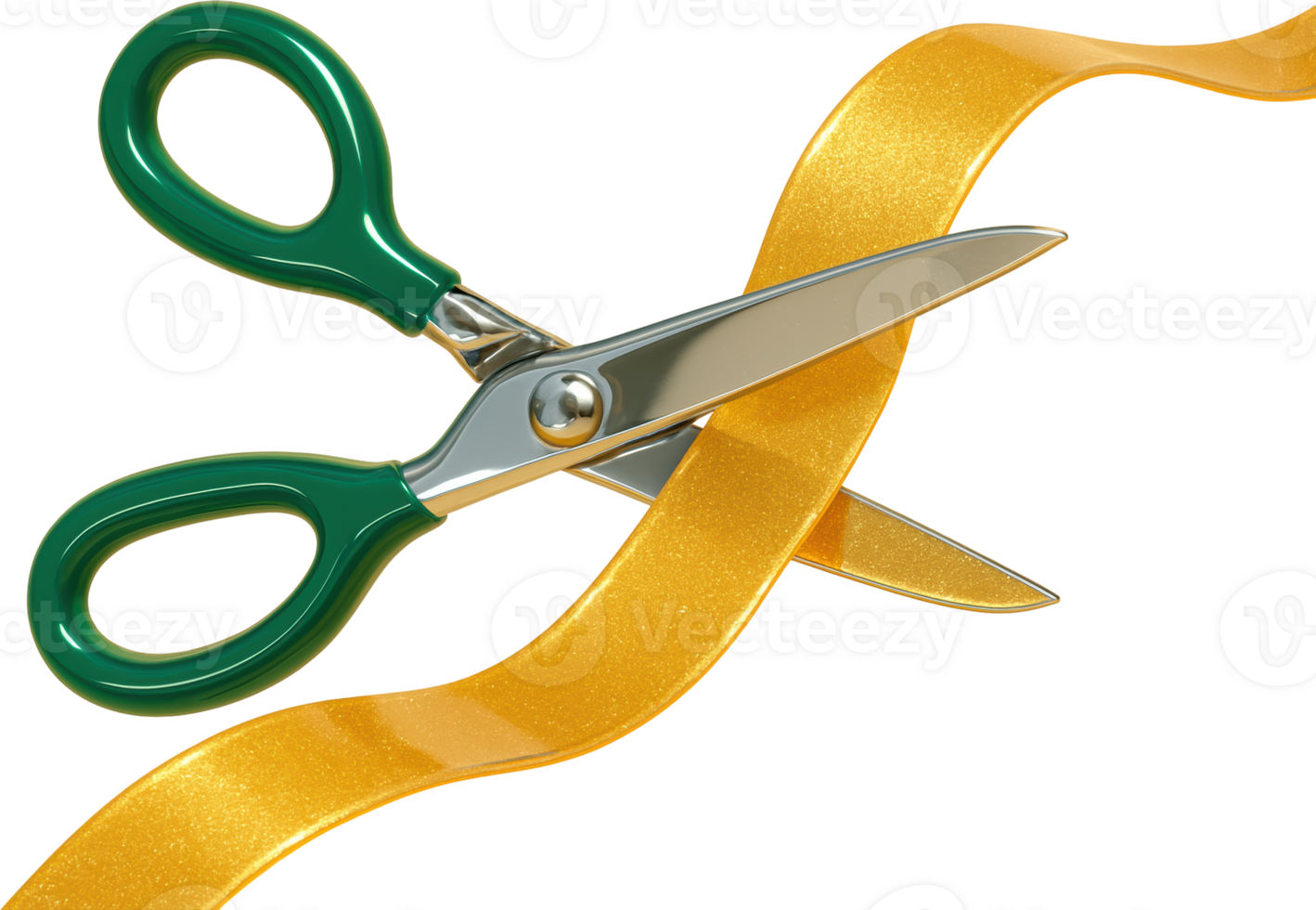 Green scissors cutting shimmering gold ribbon for grand opening png