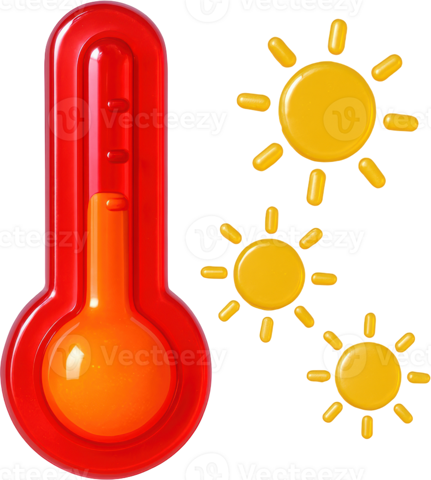 Vibrant red thermometer and suns symbolizing heat and warmth png