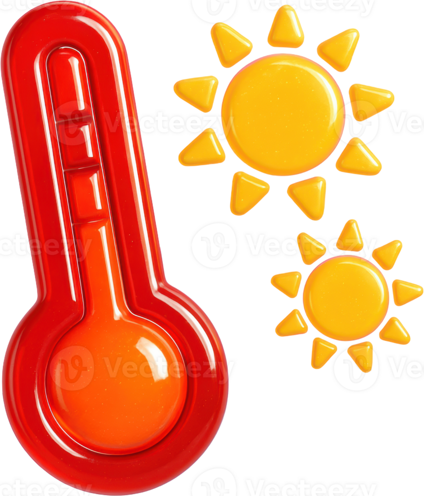 Red thermometer and yellow suns indicating hot weather png