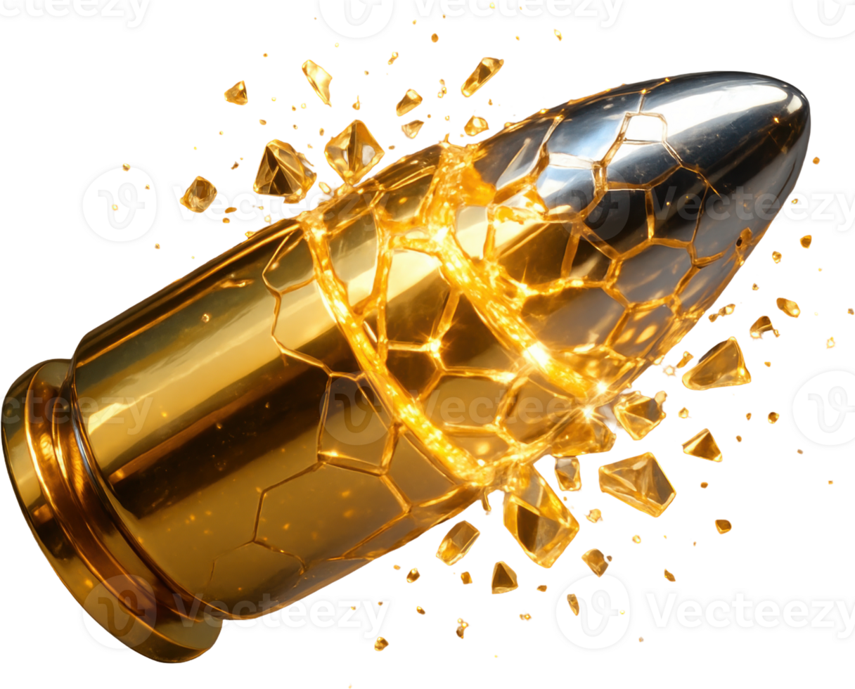 Golden bullet shattering into luminous geometric shards png