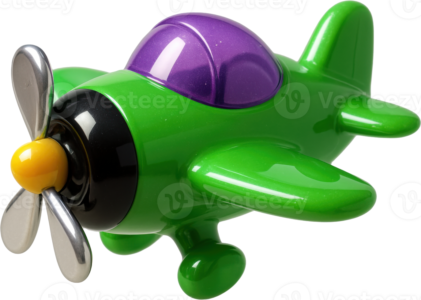 Bright green toy airplane with silver propeller and purple canopy png